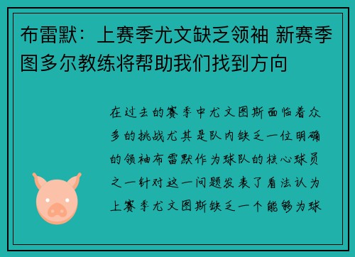 布雷默：上赛季尤文缺乏领袖 新赛季图多尔教练将帮助我们找到方向