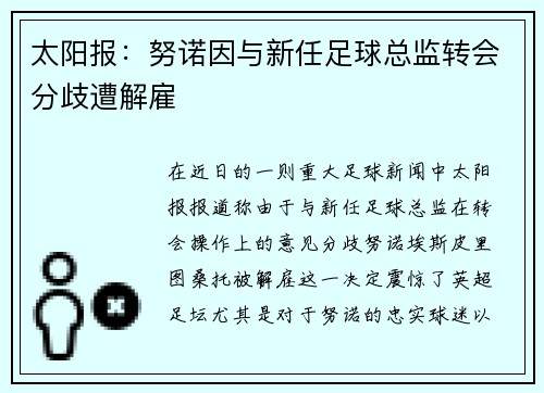 太阳报：努诺因与新任足球总监转会分歧遭解雇 